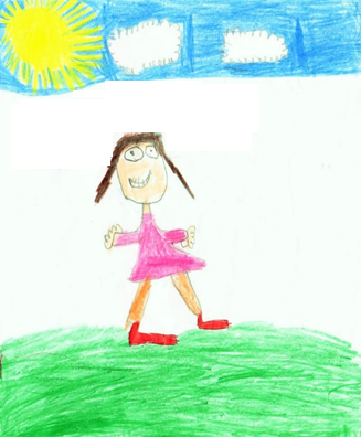 A child's drawing of a person walking on meadow under the blue sky while the sun is shining 